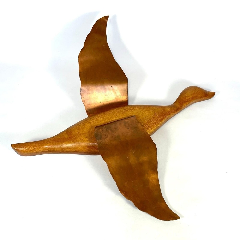 Vintage Wooden Flying Goose Wall Decor Copper Wings MCM Rustic Cabin 22"